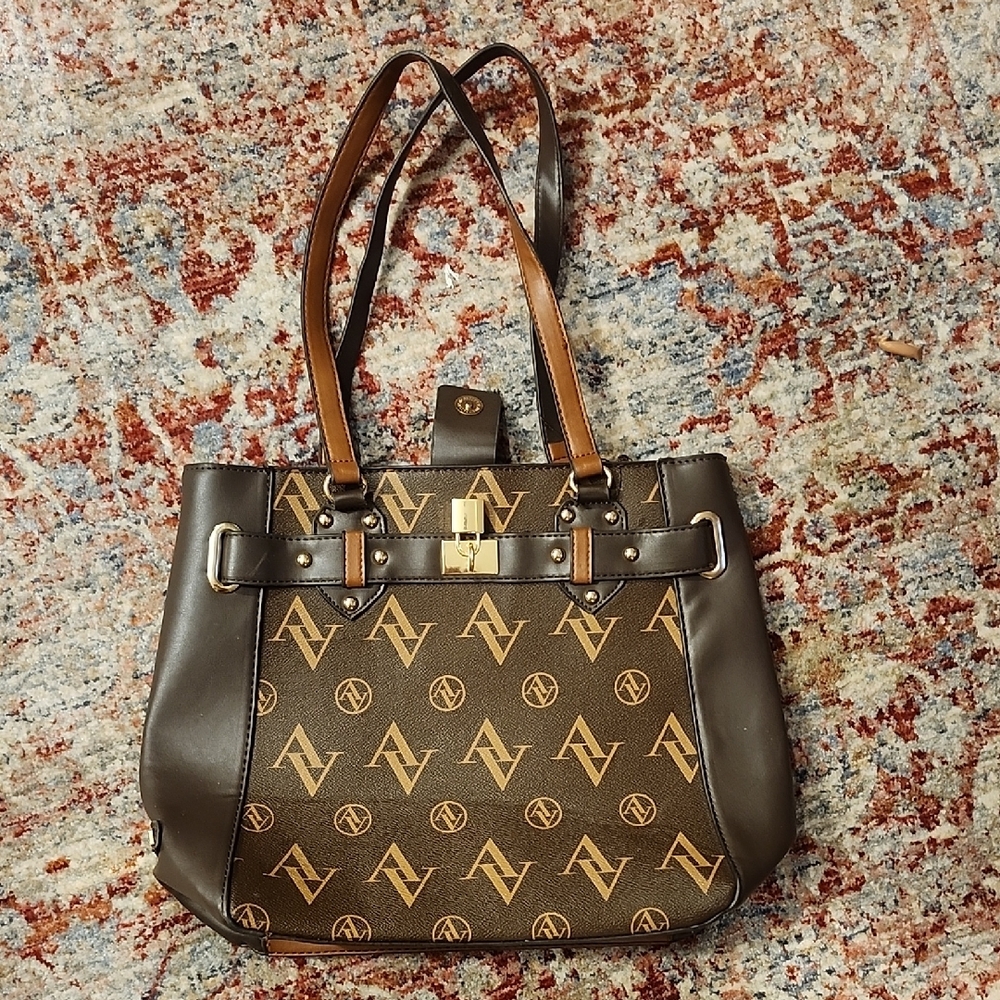 Adrienne Vittadini Brown Shoulder Bag with Geometric Pattern